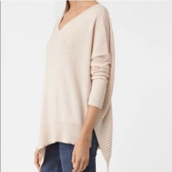 AllSaints Keld V-neck Oversized Assymetrical 100% merino Sweater. - Picture 2 of 9